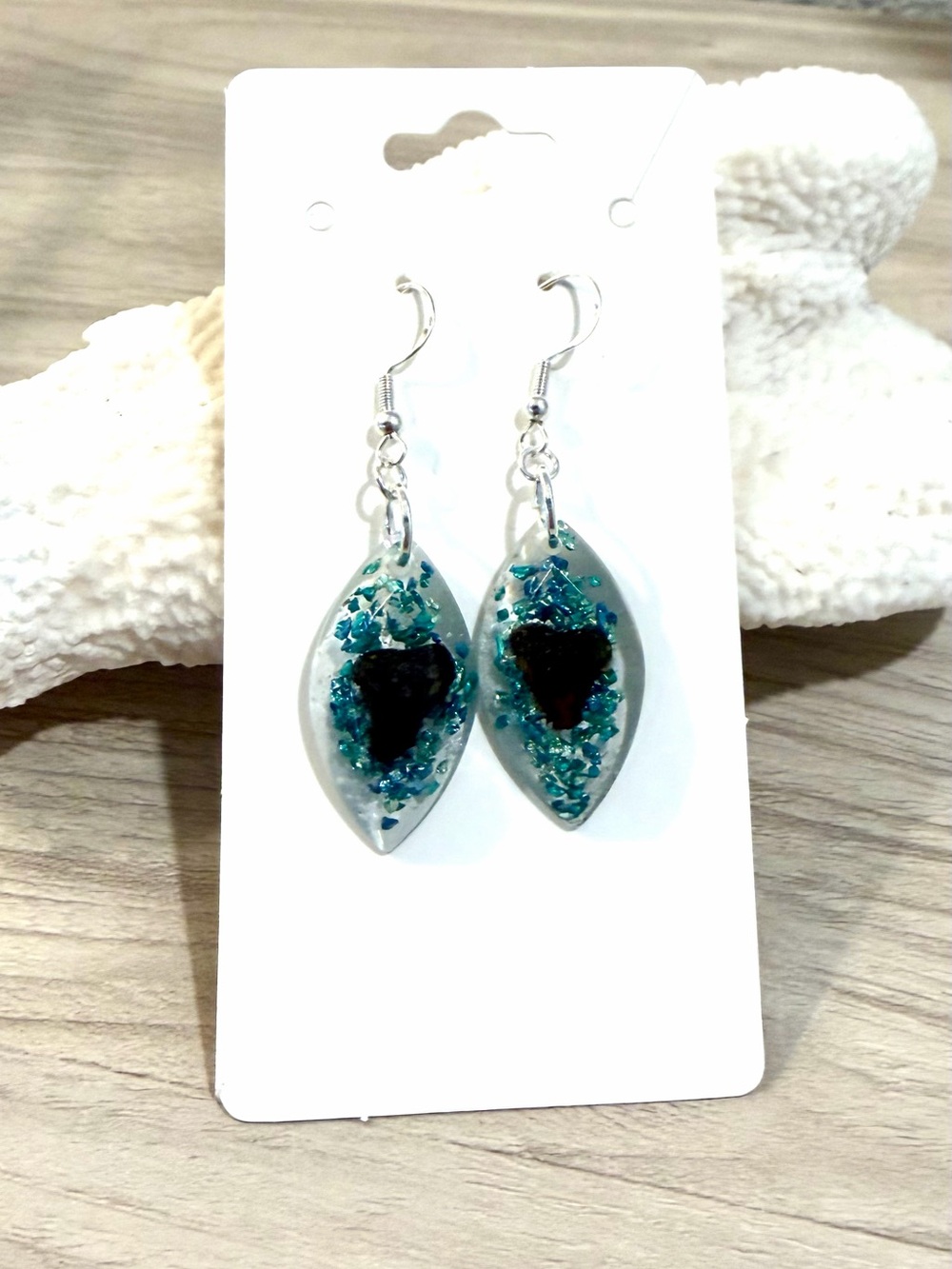 14. Handmade Sea glass glitter Resin Earrings with Sharks tooth Accent